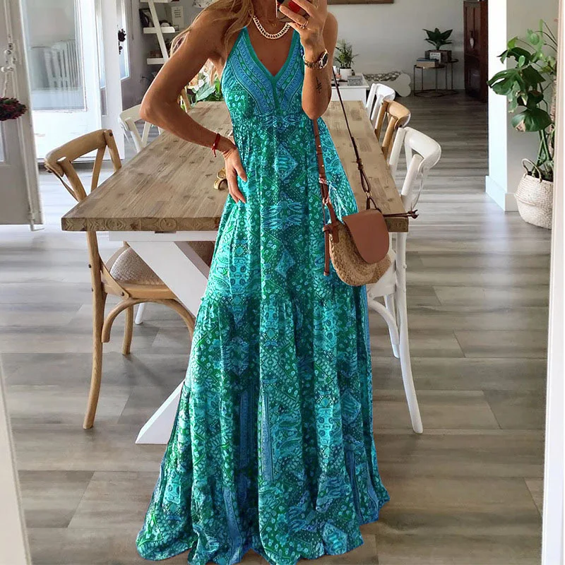 Bedrucktes Blumenkleid im Bohemian-Stil mit hoher Taille für Damen