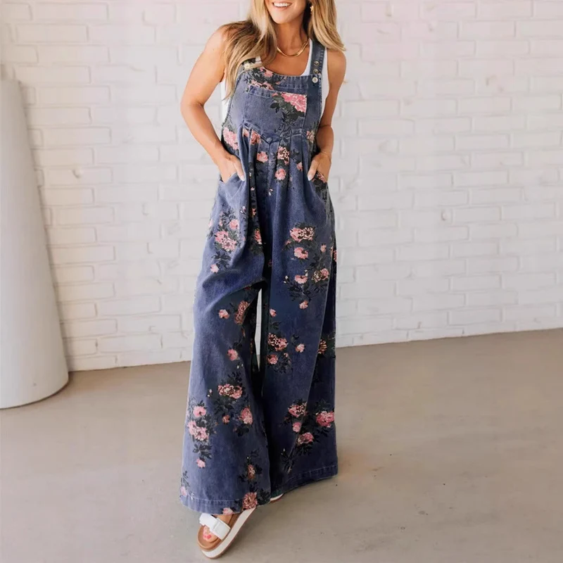 Damen Lässiger Denim-Hosenanzug mit floralem Print und weiten Beinen