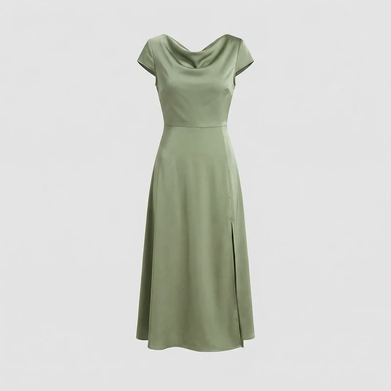 Damen Satin Midikleid mit Schlitz