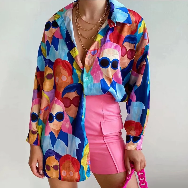 Damen Oversized Bluse mit buntem Grafikdruck