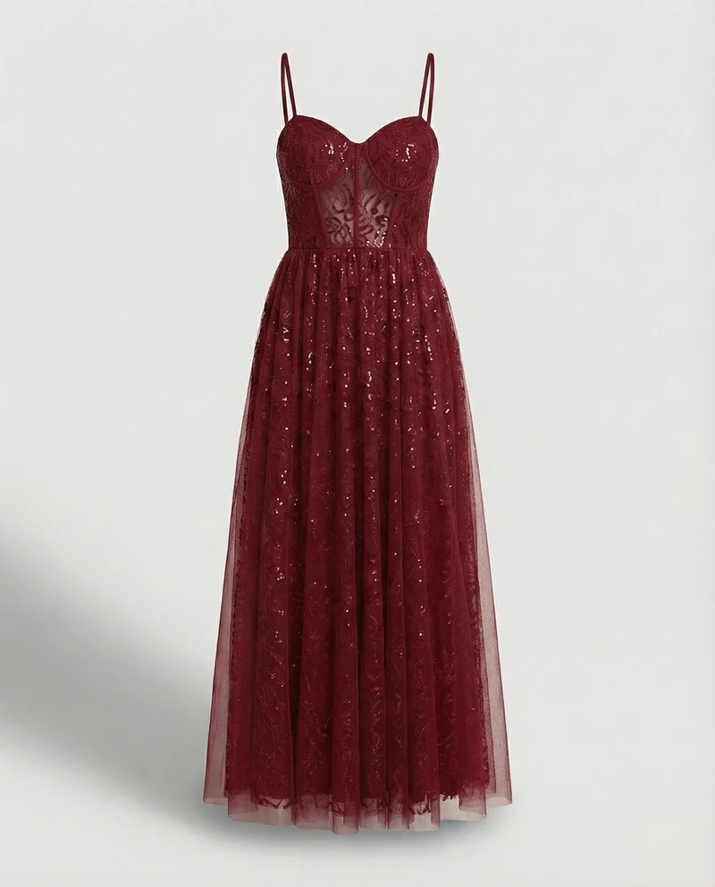 Abendkleid lang mit Tüllrock und Cups