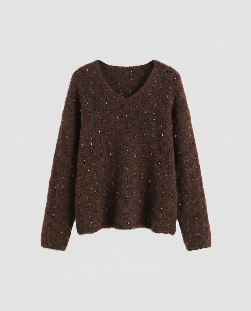 Damen Kuscheliger V-Ausschnitt Pullover mit Pünktchenmuster