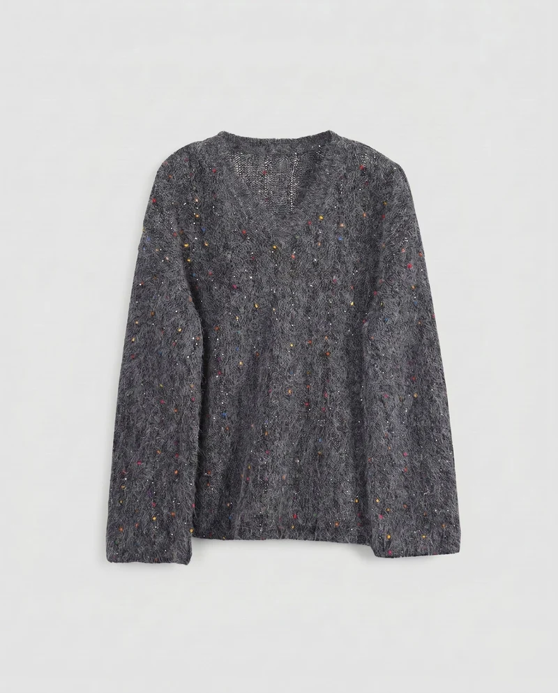 Damen Kuscheliger V-Ausschnitt Pullover mit Pünktchenmuster