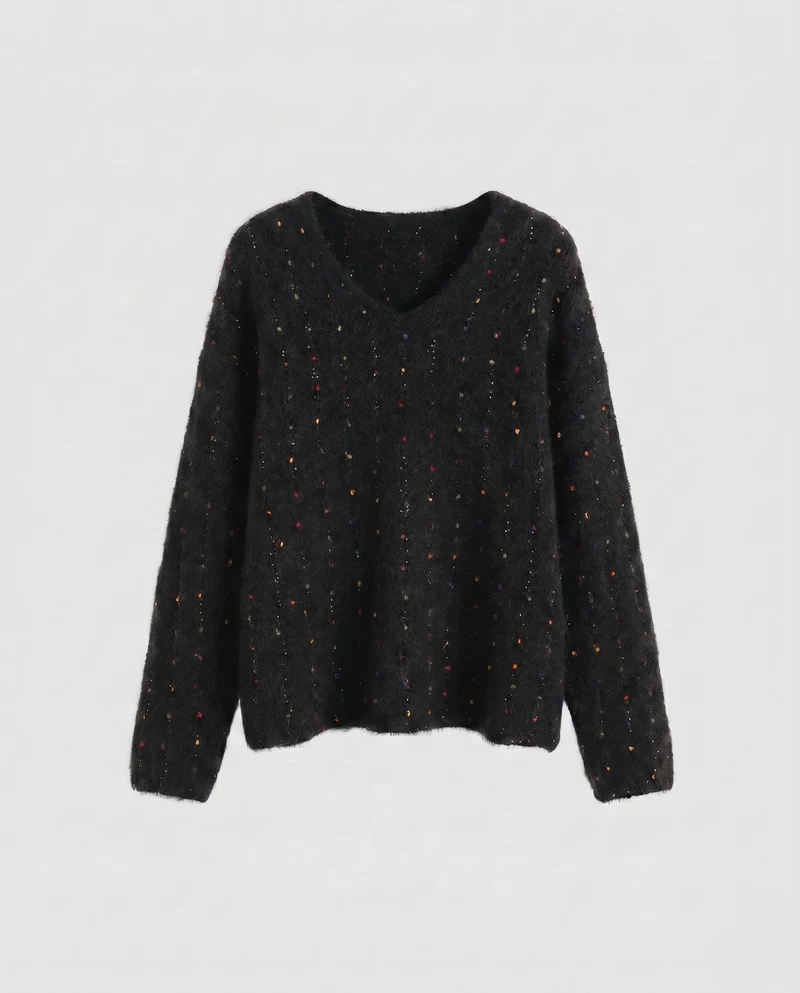 Damen Kuscheliger V-Ausschnitt Pullover mit Pünktchenmuster