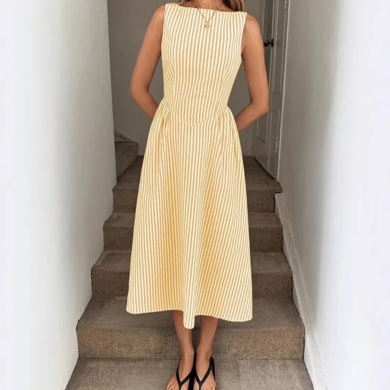 Damen Elegantes Midi-Kleid im Streifenlook