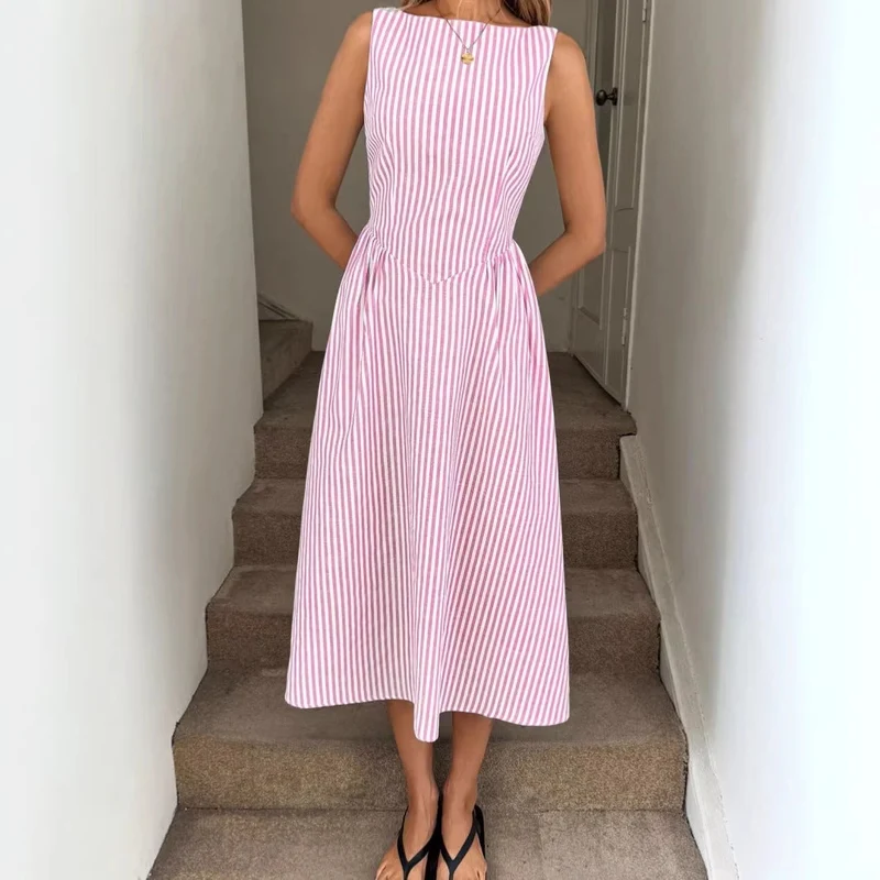 Damen Elegantes Midi-Kleid im Streifenlook