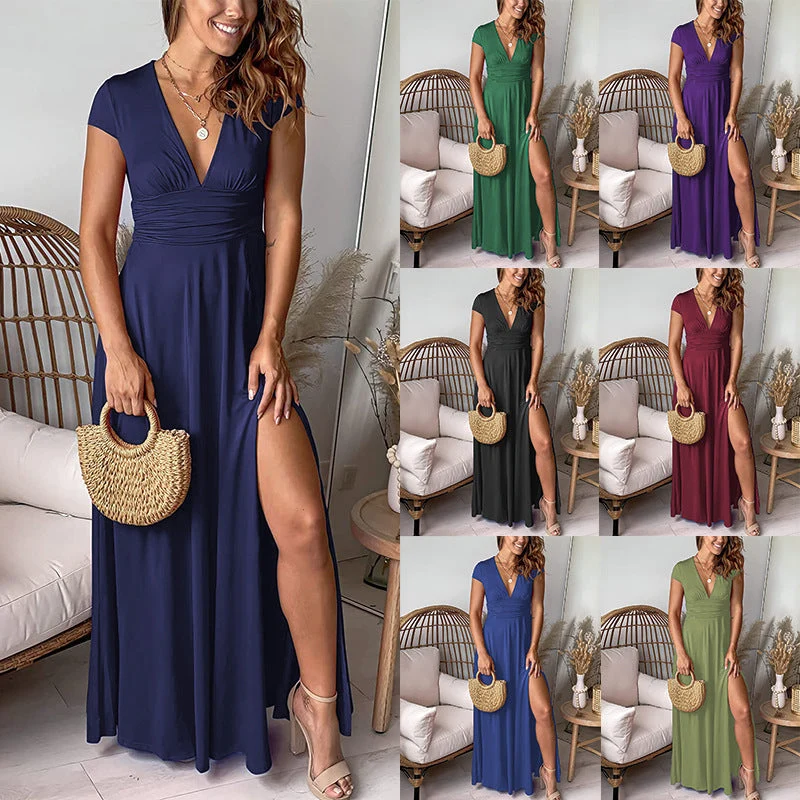 Damen Elegantes Maxikleid mit V-Ausschnitt und hohem Beinschlitz