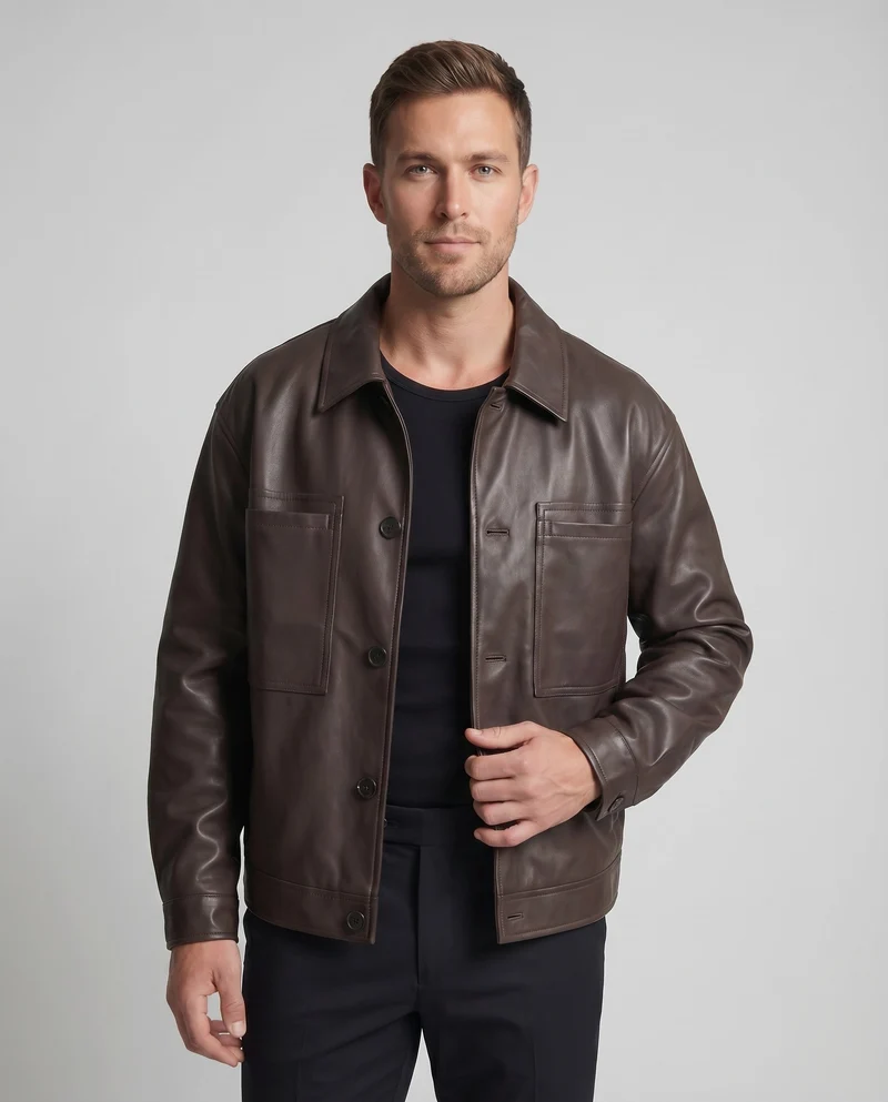 Herren Kunstlederjacke Oversize Hemdkragen Brusttaschen