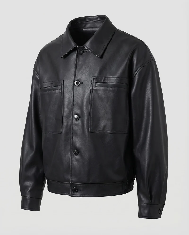 Herren Kunstlederjacke Oversize Hemdkragen Brusttaschen
