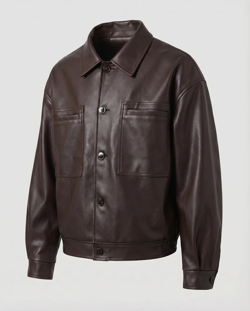 Herren Kunstlederjacke Oversize Hemdkragen Brusttaschen