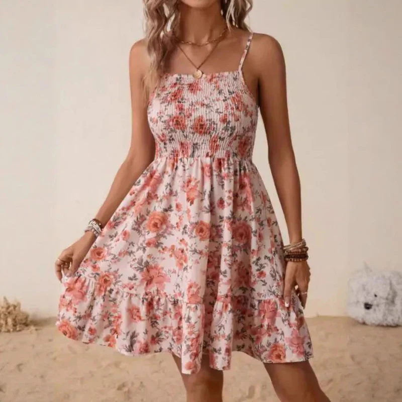 Damen florales Sommerkleid mit gerafftem Oberteil und schwingendem Saum