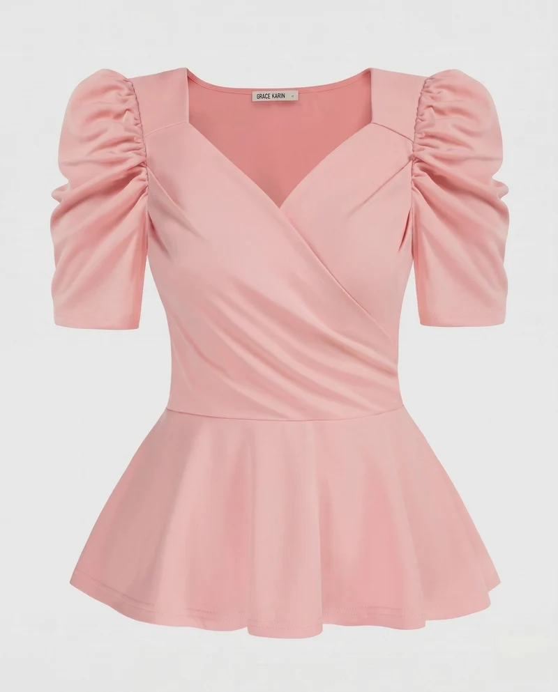 Damen Elegante Bluse mit Puffärmeln und Wickeldesign Nord Taschen