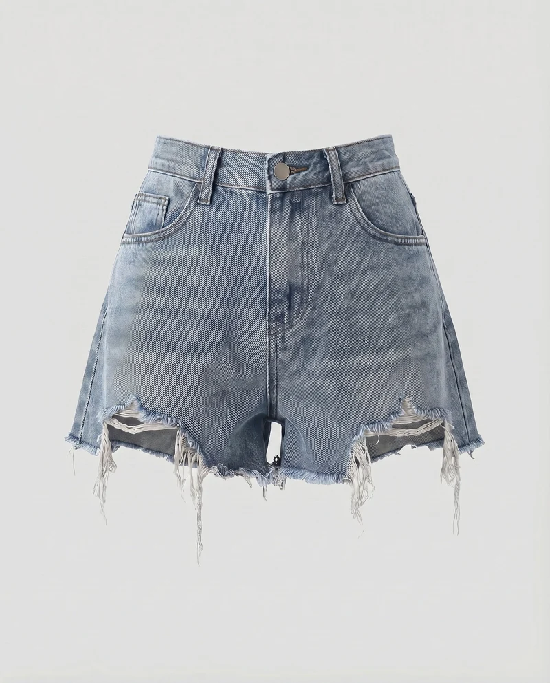 Damen Denim-Shorts High-Waist Asymmetrisch Used-Effekt
