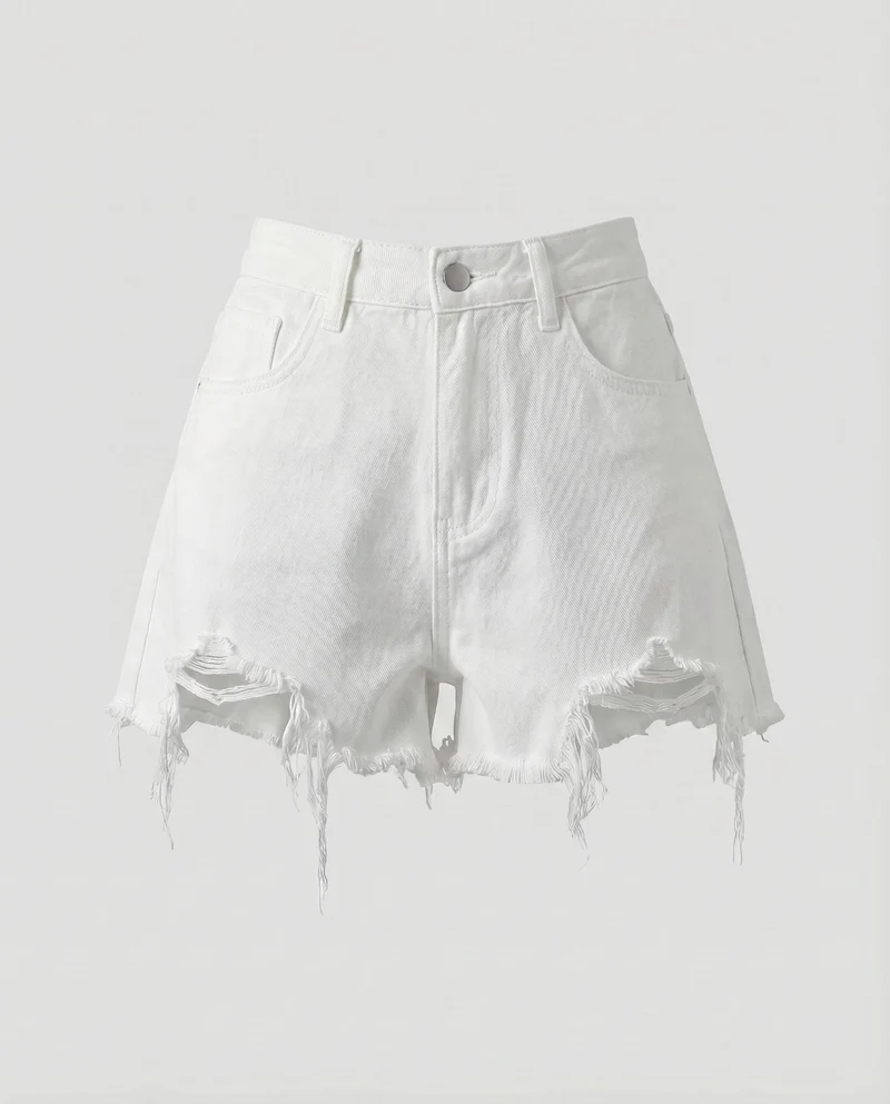 Damen Denim-Shorts High-Waist Asymmetrisch Used-Effekt