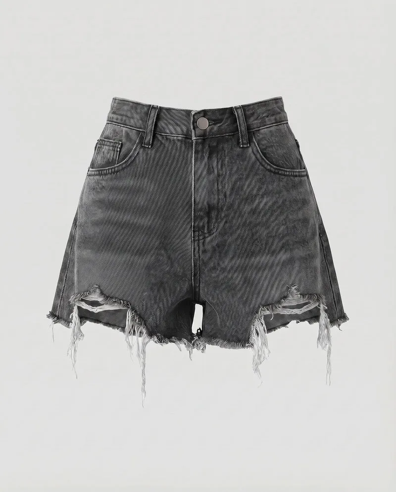 Damen Denim-Shorts High-Waist Asymmetrisch Used-Effekt