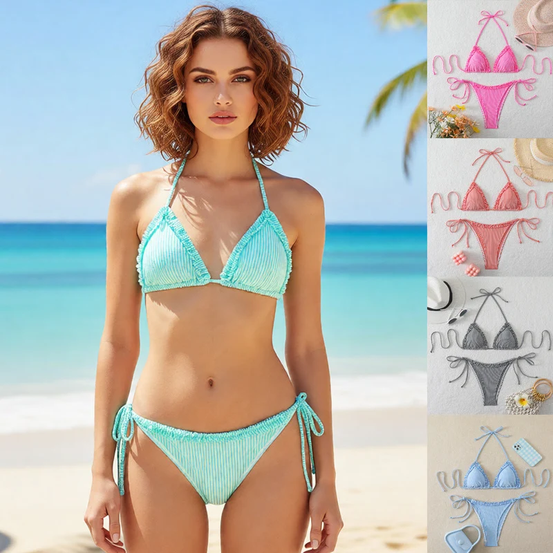 Damen Triangel-Bikini mit verstellbaren Bindebändern und stilvollem Streifenmuster