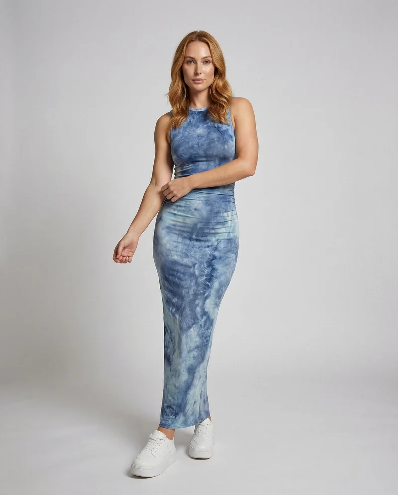Damen figurbetontes Maxikleid aus Stretch-Jersey mit Taillenraffung und Batikoptik