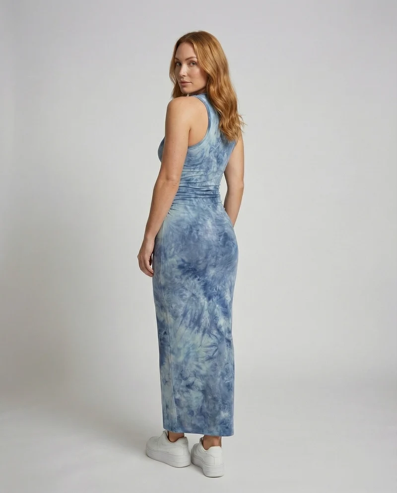 Damen figurbetontes Maxikleid aus Stretch-Jersey mit Taillenraffung und Batikoptik