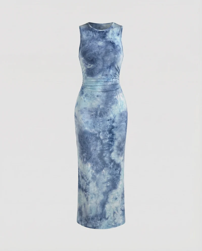 Damen figurbetontes Maxikleid aus Stretch-Jersey mit Taillenraffung und Batikoptik