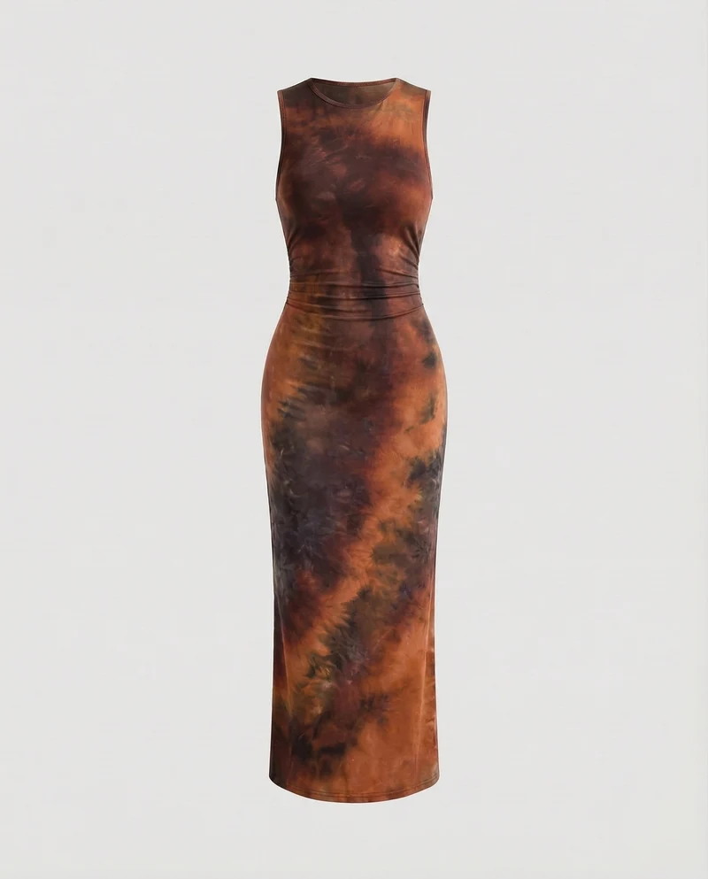 Damen figurbetontes Maxikleid aus Stretch-Jersey mit Taillenraffung und Batikoptik