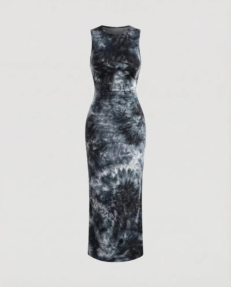 Damen figurbetontes Maxikleid aus Stretch-Jersey mit Taillenraffung und Batikoptik