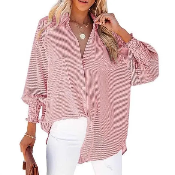 Damen legere Hemdbluse mit modischen Rüschenärmeln und Streifenmuster Nord Taschen