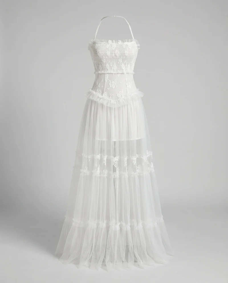 Damen Tüll-Abendkleid Korsagenbustier Spitzenapplikationen Stufenrock