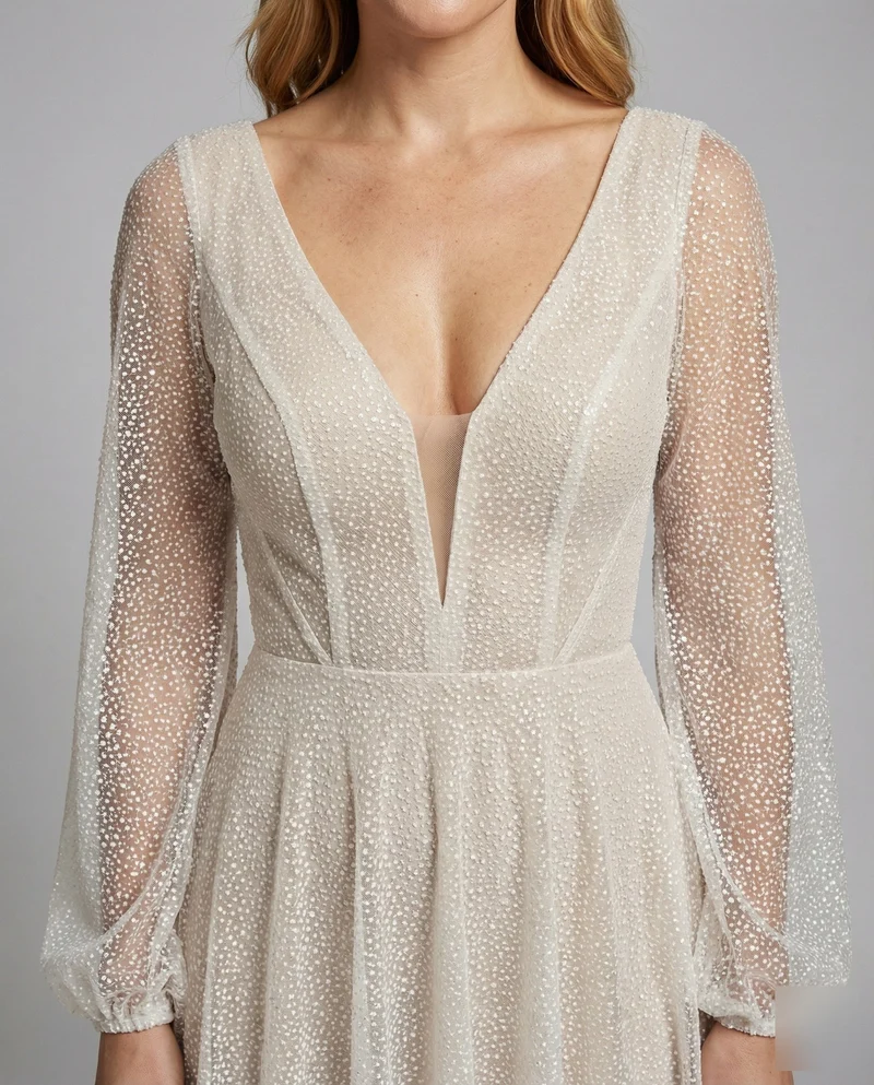 Damen A-Linien Brautkleid Glitzer Punkt-Tüll V-Ausschnitt