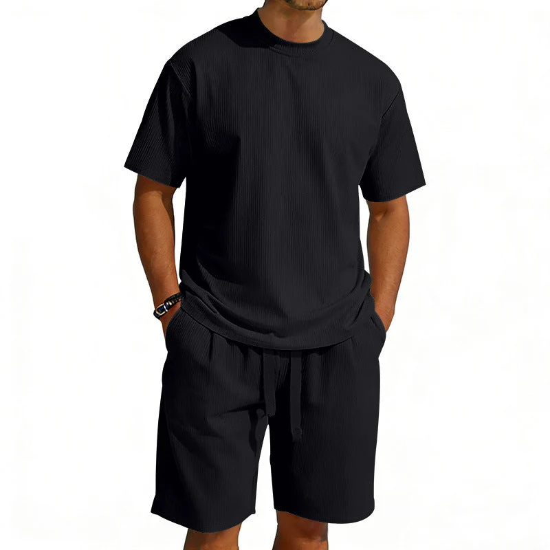 Herren Kurzarmshirt- und Bermudakombination aus geripptem Jersey mit elastischem Tunnelzugbund