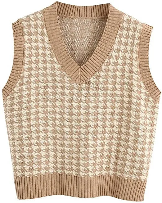 Damen ärmellose Strickweste mit modernem Hahnentrittmuster