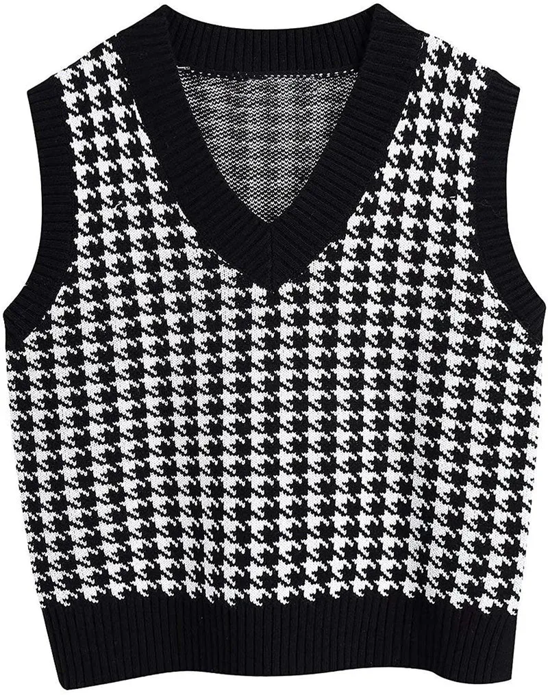 Damen ärmellose Strickweste mit modernem Hahnentrittmuster