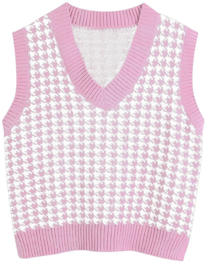 Damen ärmellose Strickweste mit modernem Hahnentrittmuster