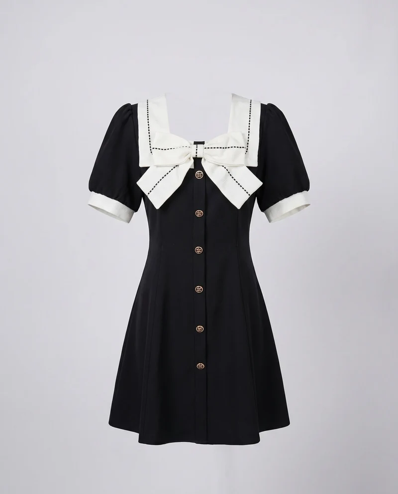 Damen Matrosen-Kurzkleid Übergroßer Kragen Puffärmel Zierknopfleiste