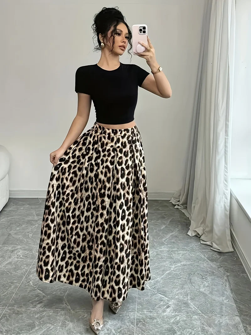 Damen Maxi-Rock mit elegantem Leo-Print und fließendem Schnitt Nord Taschen