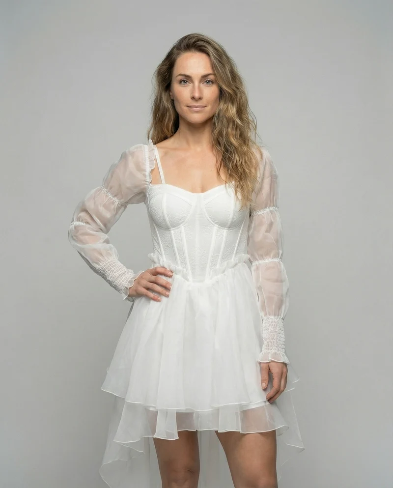 Damen Miederkorsett-Midikleid mit Off-Shoulder Puffärmeln und mehrlagigem asymmetrischem Stufenrock Nord Taschen