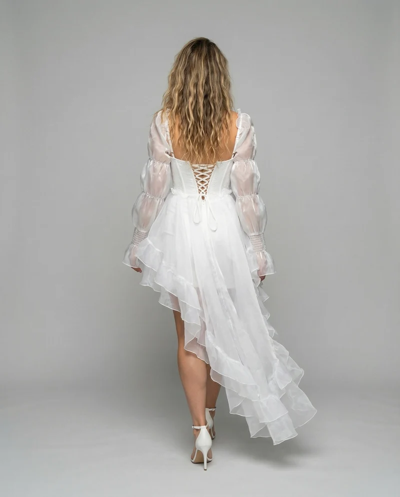 Damen Miederkorsett-Midikleid mit Off-Shoulder Puffärmeln und mehrlagigem asymmetrischem Stufenrock Nord Taschen