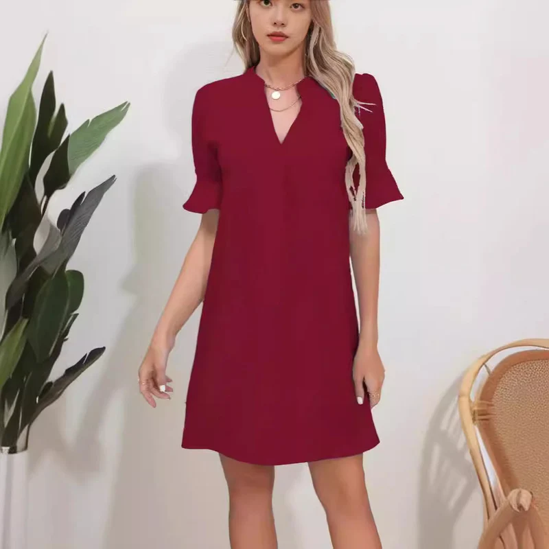 Damen Elegantes Kurzarm-Kleid mit V-Ausschnitt und Schößchen