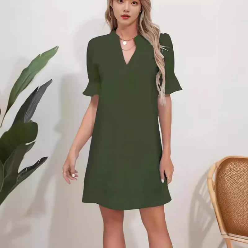 Damen Elegantes Kurzarm-Kleid mit V-Ausschnitt und Schößchen