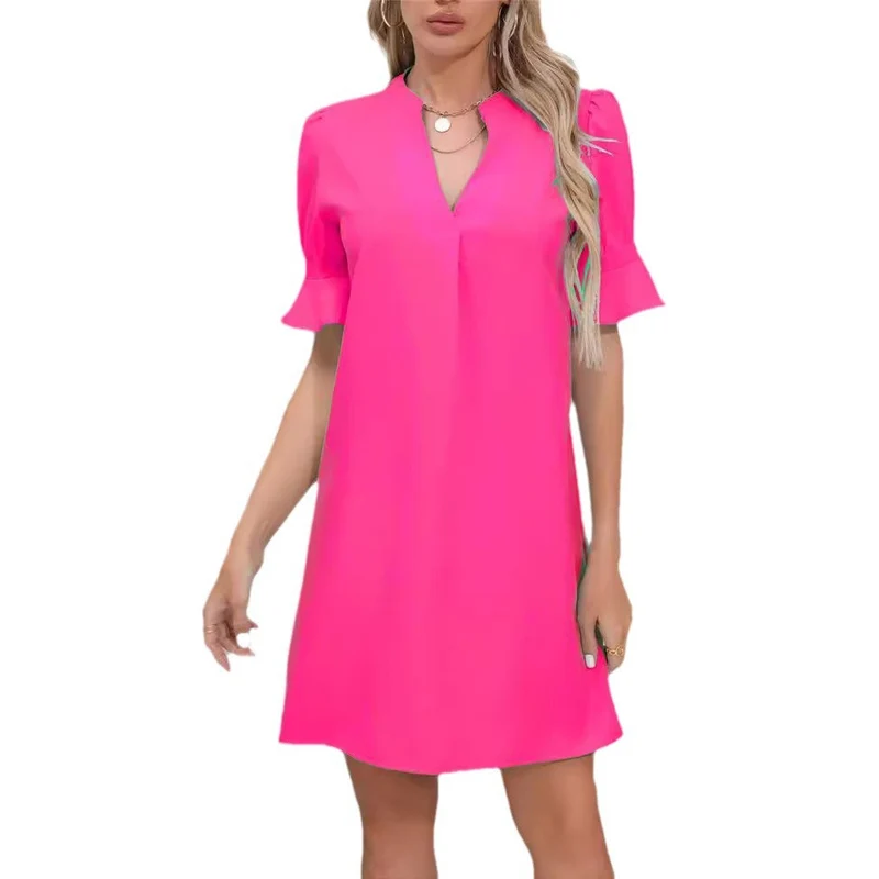 Damen Elegantes Kurzarm-Kleid mit V-Ausschnitt und Schößchen