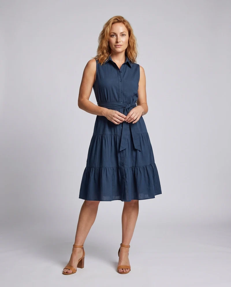 Damen Knielanges Hemdblusenkleid mit Taillengürtel und Volantdetails Nord Taschen