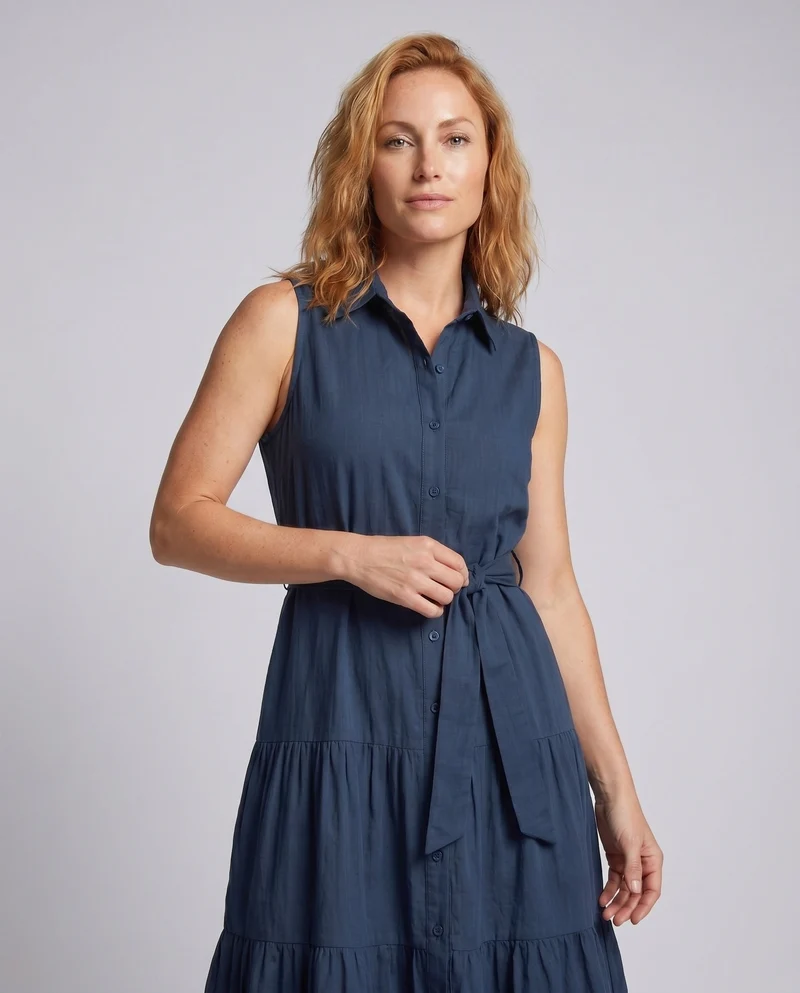 Damen Knielanges Hemdblusenkleid mit Taillengürtel und Volantdetails Nord Taschen