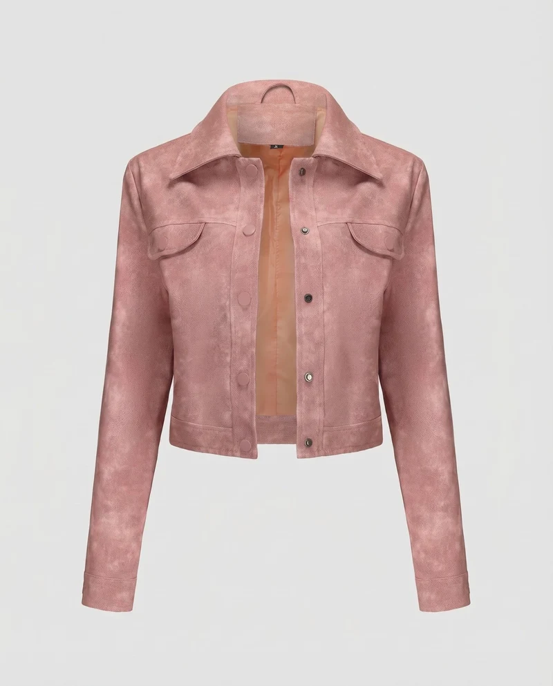 Damen Truckerjacke Wildlederoptik Pattentaschen Druckknopfleiste