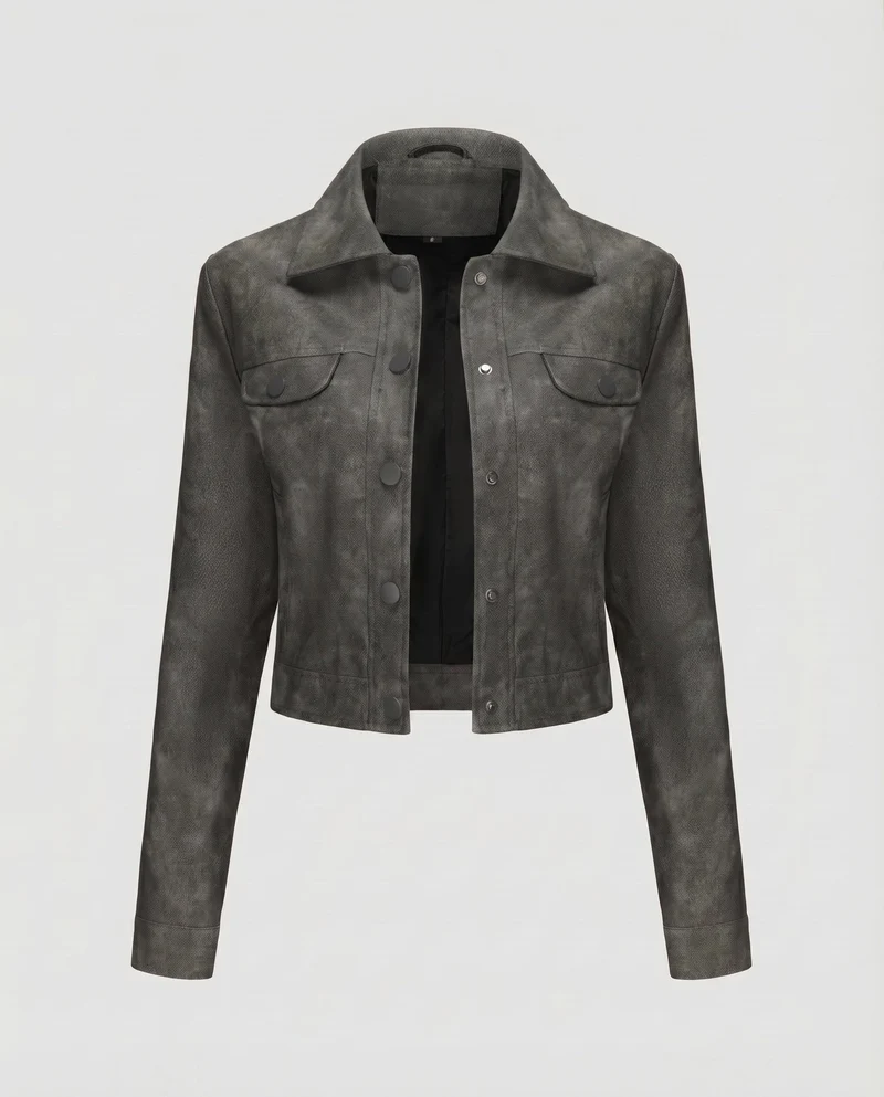 Damen Truckerjacke Wildlederoptik Pattentaschen Druckknopfleiste