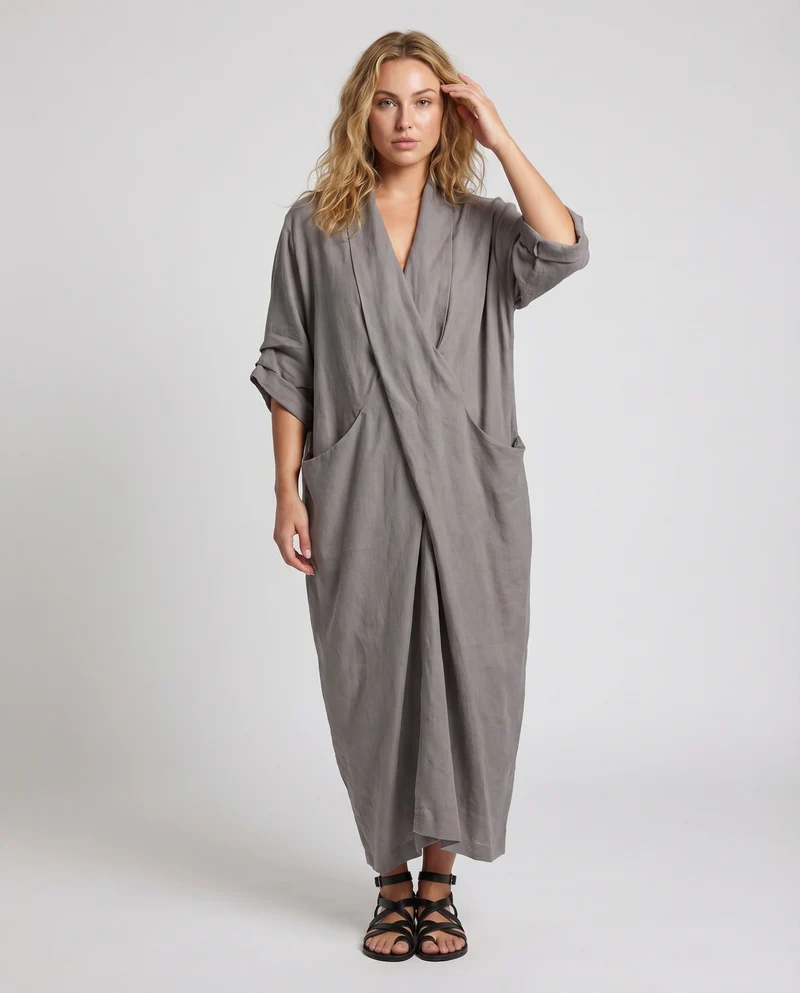 Damen Kimono-Maxikleid Schalkragen Wickelvorderteil Eingrifftaschen