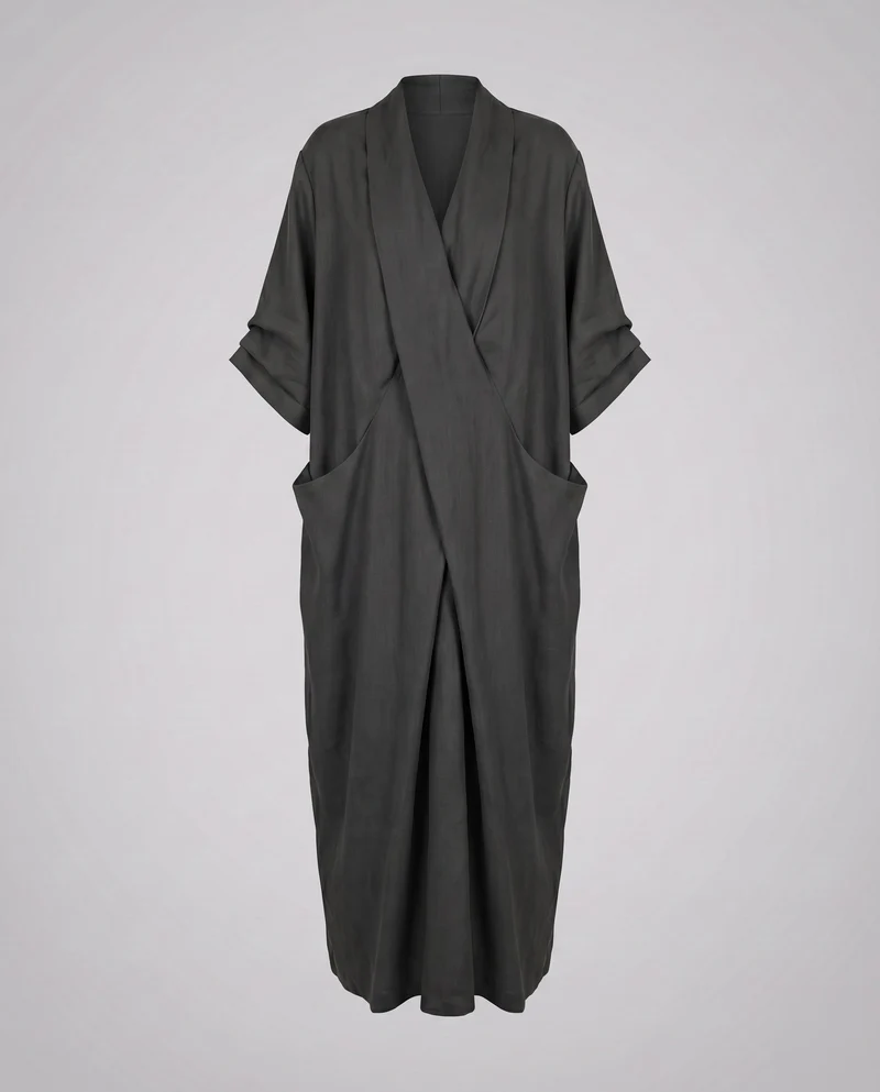 Damen Kimono-Maxikleid Schalkragen Wickelvorderteil Eingrifftaschen