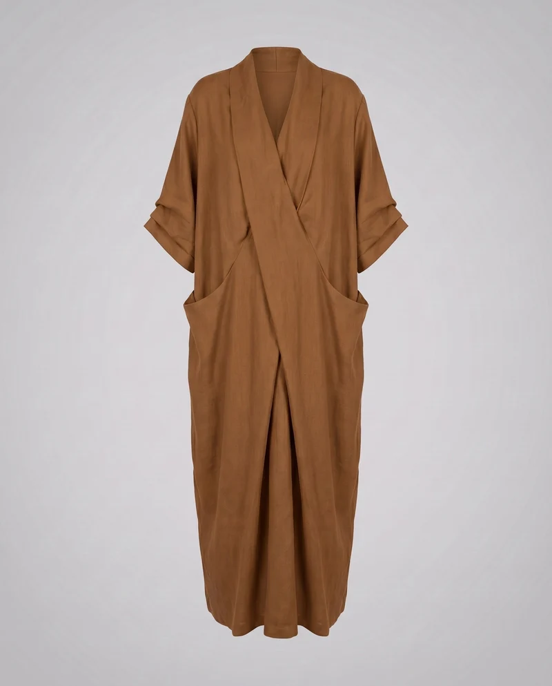 Damen Kimono-Maxikleid Schalkragen Wickelvorderteil Eingrifftaschen