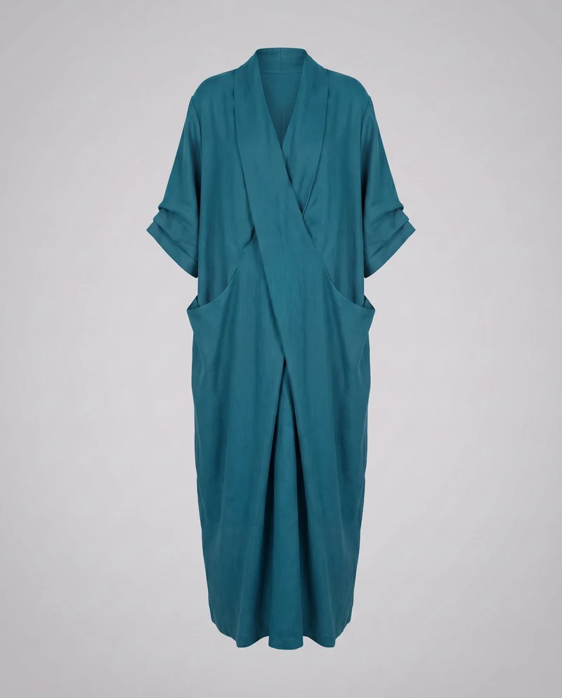 Damen Kimono-Maxikleid Schalkragen Wickelvorderteil Eingrifftaschen