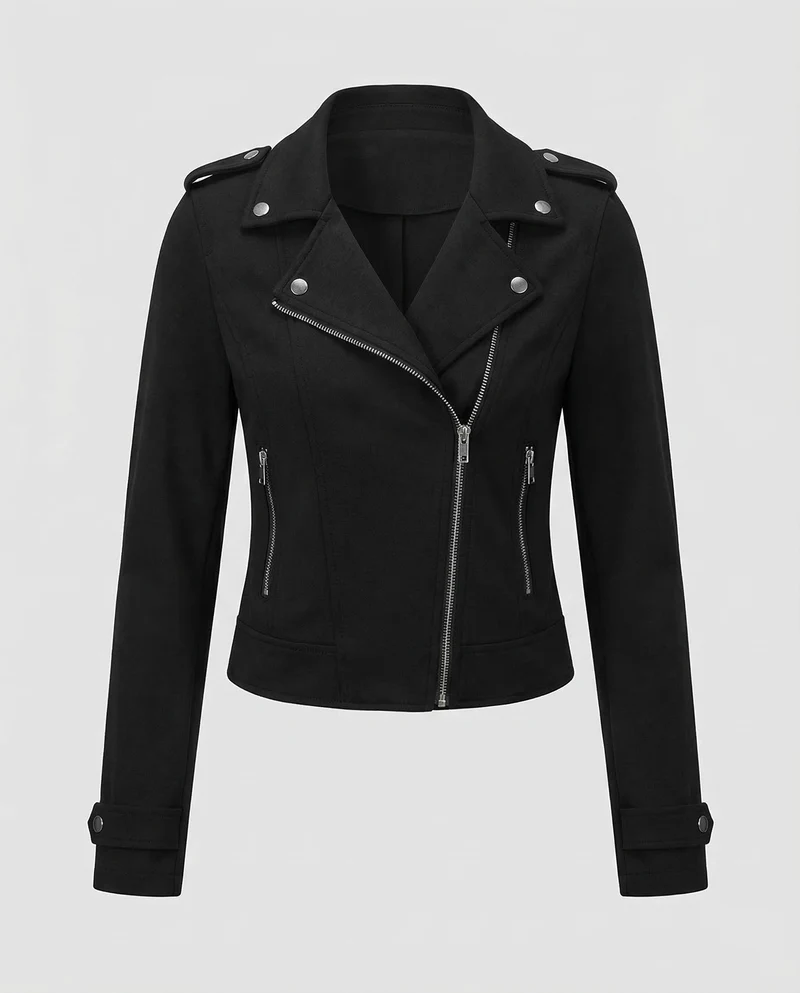 Damen Bikerjacke Kapuze Asymmetrischer Reißverschluss