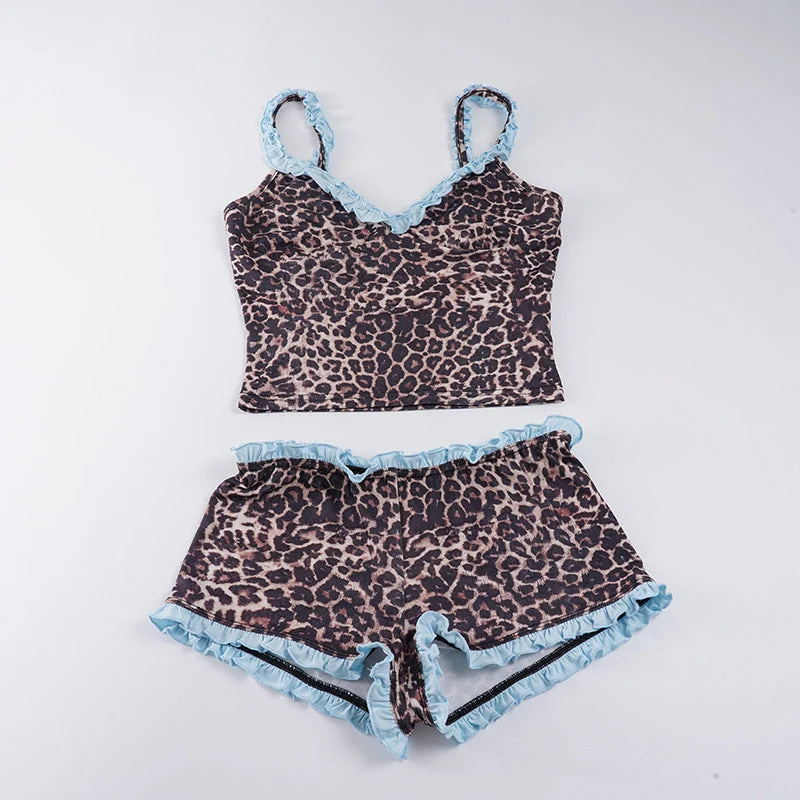 Damen Schlafanzug-Set mit Leopardenmuster und Rüschendetails