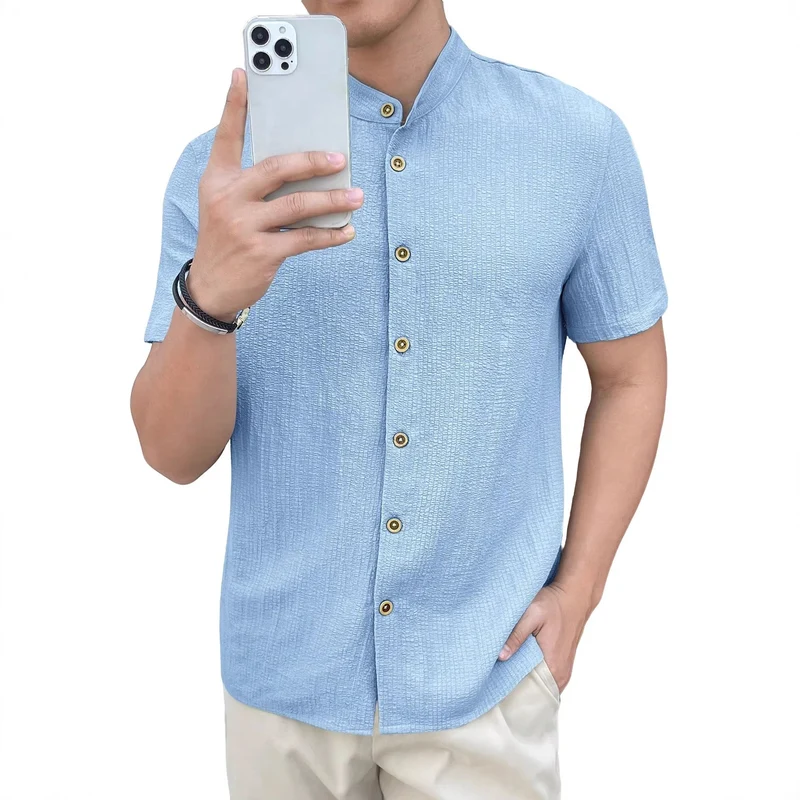 Herren leichtes Knitterstruktur-Überhemd mit umgeschlagenen Ärmeln entspannter Overshirt-Silhouette